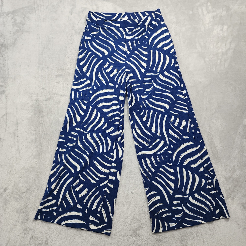 H&M Pants Womens L Blue White Abstract Print Wide Leg Pull On Stretch Casual